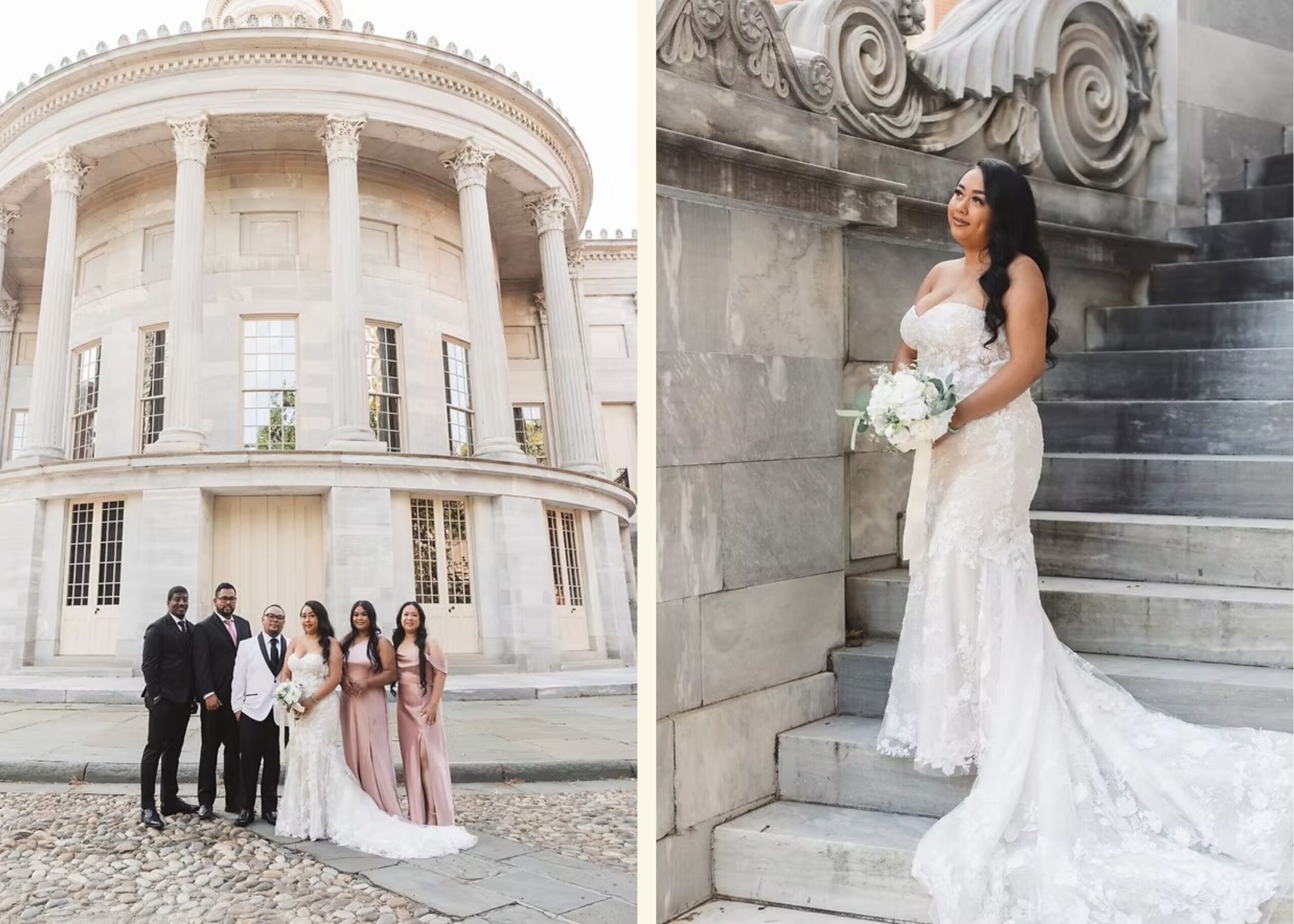 Bride and groom pose with Merchants Exchange Building in Old City, Philadelphia in the background. They pose with bridesmaids and groomsmen wearing suits and pink dresses. Taken by philly wedding photographer Madison Neumann Photography.