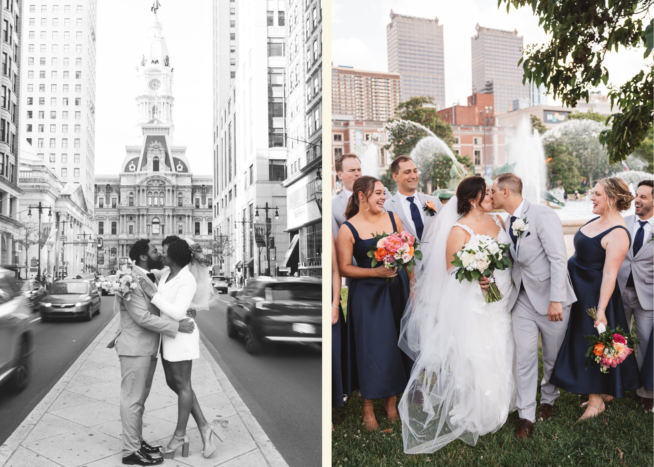Two photos are pictured here. On the left, a bride and groom kiss on broad street Philadelphia with city hall in the backyard. On the right, a couple kisses in front of the fountain in Logan Square. 