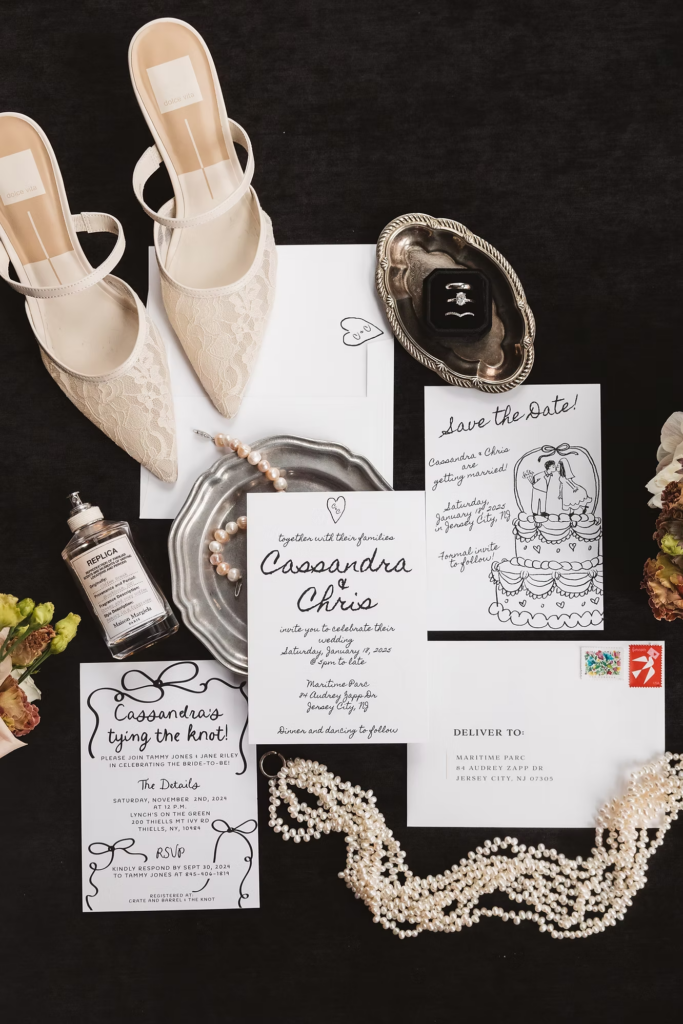 Flat lay of bridal accessories and wedding details including heels, rings, perfume, pearls, flowers, and invitation suite. Wedding day at Maritime Parc in Jersey City, NJ. Photographed by South Jersey, Philadelphia based wedding photographer Madison Neumann Photography.