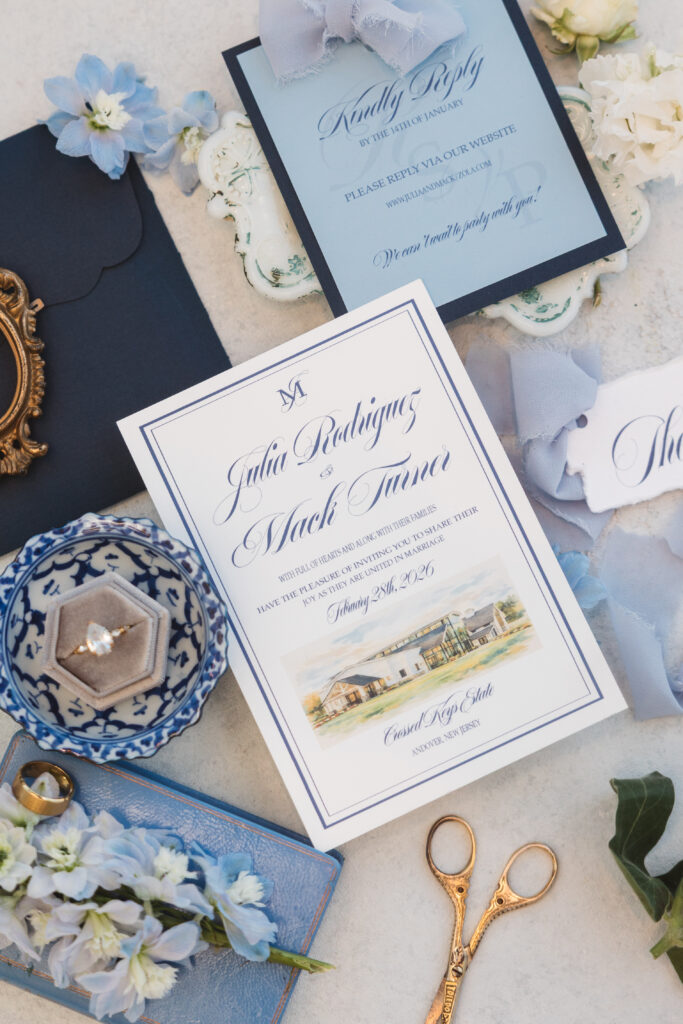 Invitation detail suite designed by Love Is Art Design for a styled shoot at Crossed Keys Estate by Styled Shoots across America. Taken by NJ wedding photographer Madison Neumann Photography.