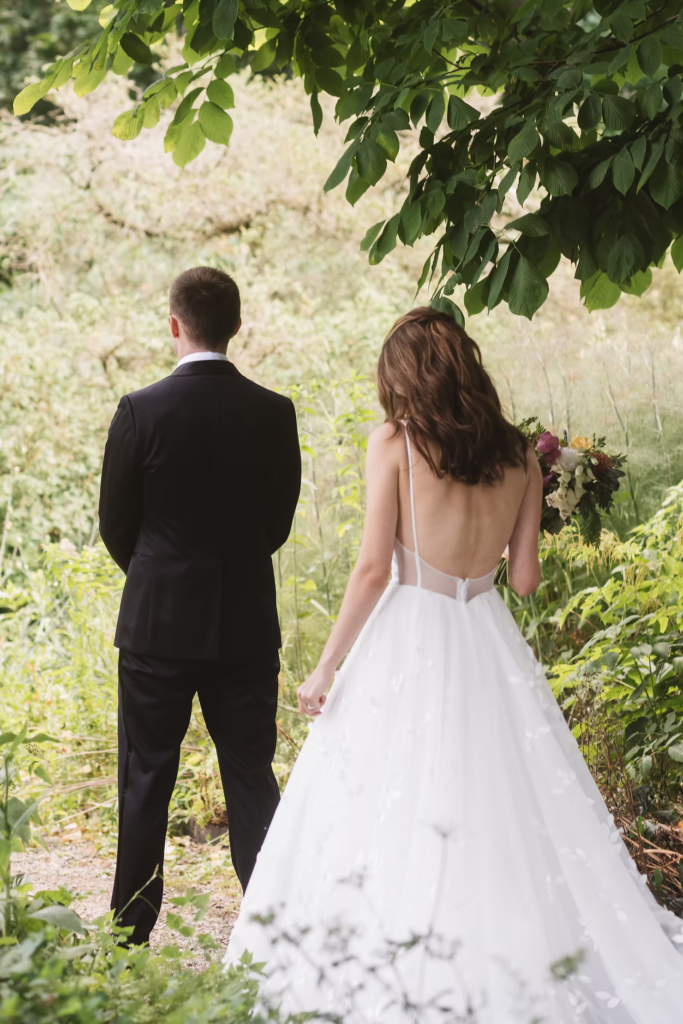 Groom getting ready to turn around for first look of bride for wedding at Bartram's Garden in Philadelphia, PA. Photographed by New Jersey Philly wedding photographer Madison Neumann Photography.