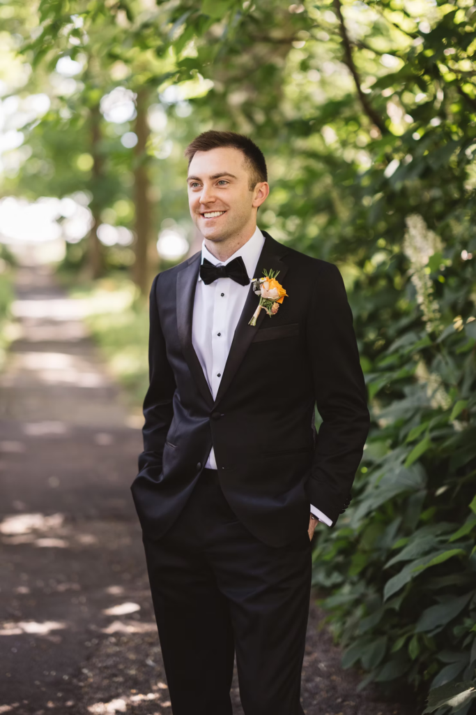 Portrait of groom for outdoor wedding at Bartram's Garden in Philadelphia, PA. Photographed by South Jersey Philly wedding photographer Madison Neumann Photography.