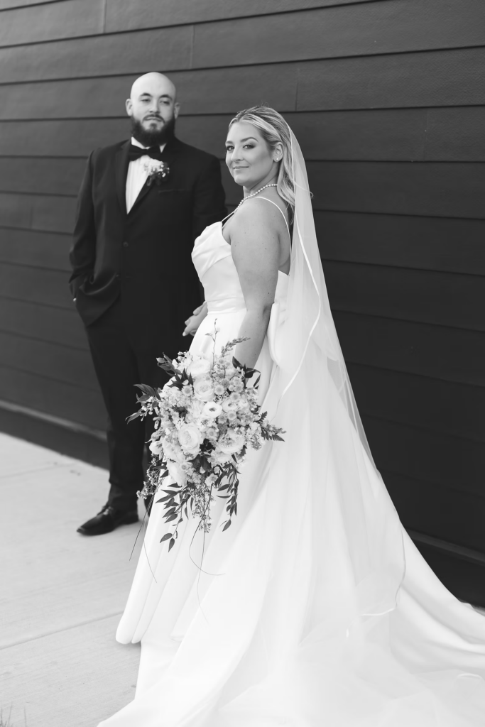 Groom admiring bride in couples portrait ready for wedding day at The Ivy at Ellis Preserve in Newtown Square, PA. Photographed by South Jersey, Pennsylvania region wedding photographer Madison Neumann Photography.