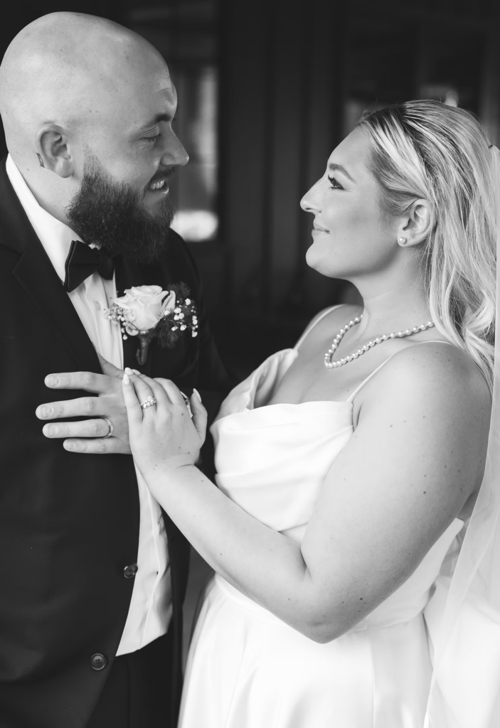Newlywed bride and groom smile together after ceremony on wedding day at The Ivy at Ellis Preserve by Finley Catering in Newtown Square, PA. Photographed by South Jersey, Pennsylvania region wedding photographer Madison Neumann Photography.