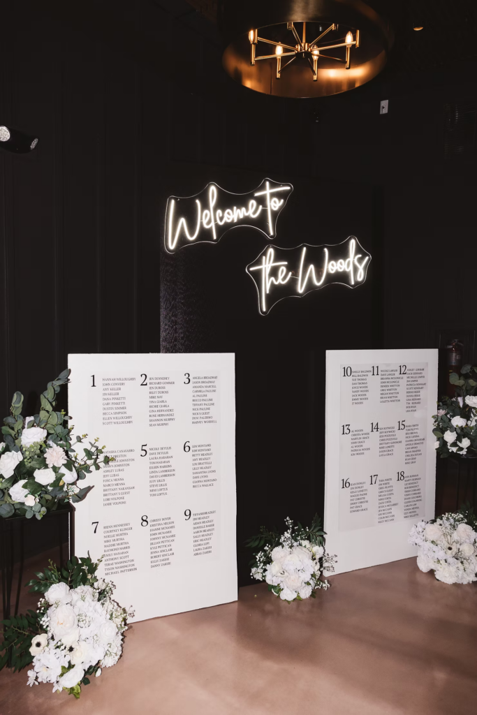 Seating chart display with large florals and neon sign for detail photo of wedding day at The Ivy at Ellis Preserve by Finley Catering in Newtown Square, PA. Photographed by South Jersey, Pennsylvania region wedding photographer Madison Neumann Photography.