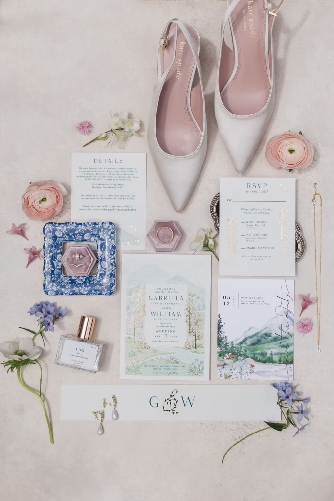 Bridal shoe details with champagne cork heel for Pennsylvania wedding in the Pocono Mountains. Photographed by South Jersey Philly Wedding Photographer Madison Neumann Photography.