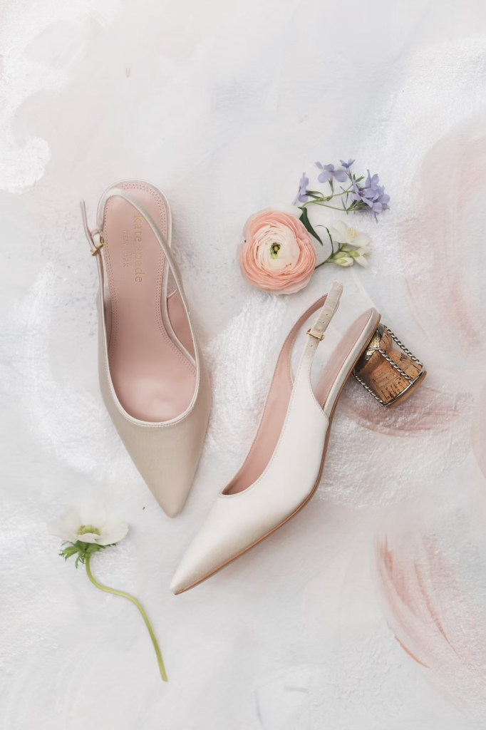 Bridal shoe details with champagne cork heel for Pennsylvania wedding in the Pocono Mountains. Photographed by South Jersey Philly Wedding Photographer Madison Neumann Photography.