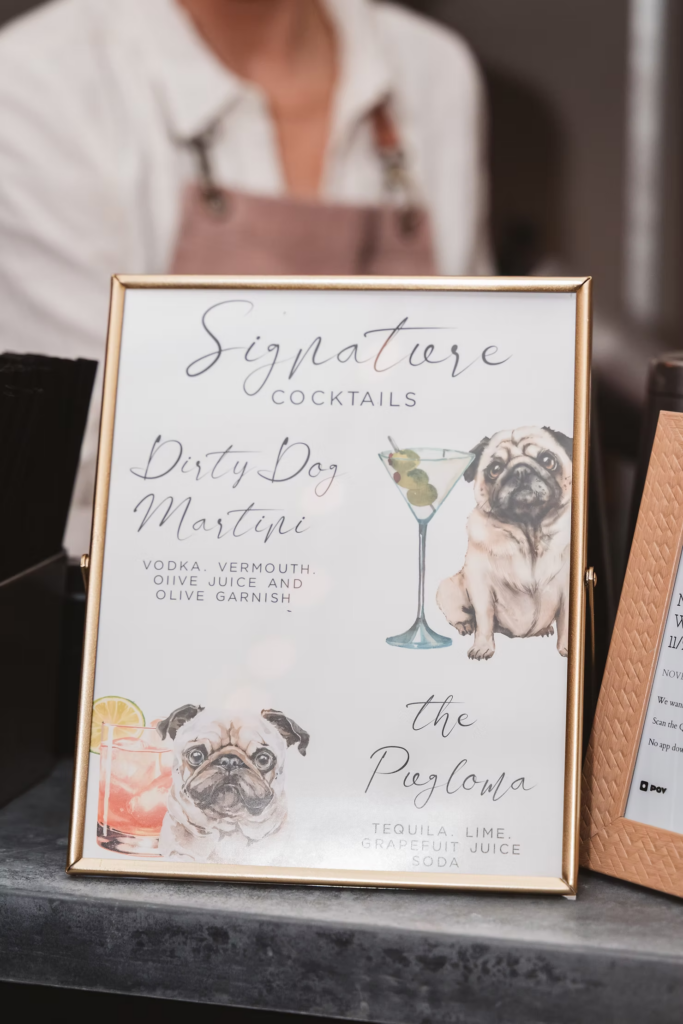 Personalized signature cocktail sign at Terrain Gardens at DelVal in Doylestown, Pennsylvania. Photographed by South Jersey, Philly based wedding photographer Madison Neumann Photography.
