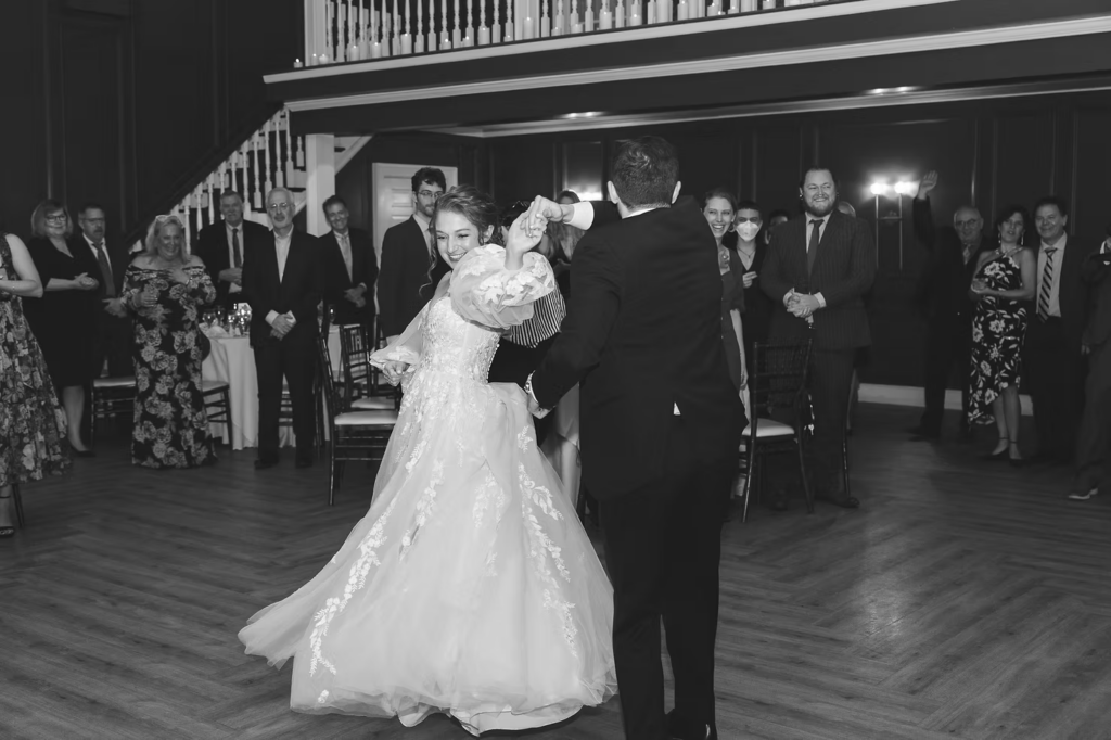Bride and groom for their first dance as newlyweds during wedding reception at David's Country Inn in Hackettstown, NJ. Photographed by South Jersey, Philadelphia based wedding photographer Madison Neumann Photography.