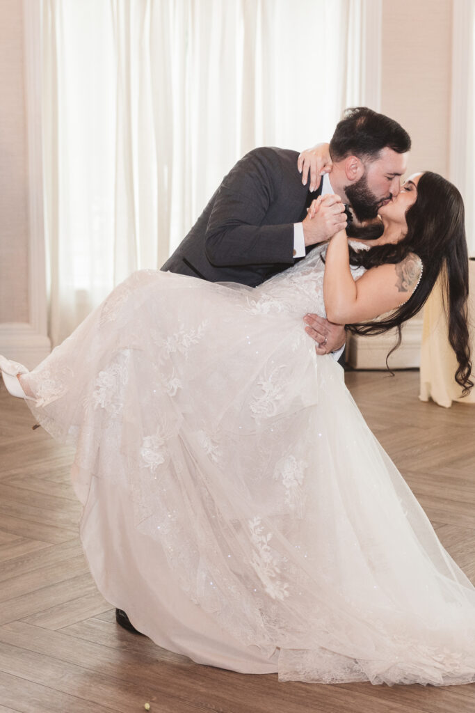 Bride and groom share their first dance. Wedding day at Blue Heron Pines Golf Club in Egg Harbor, NJ. Photographed by South Jersey/Philly based wedding photographer Madison Neumann Photography.