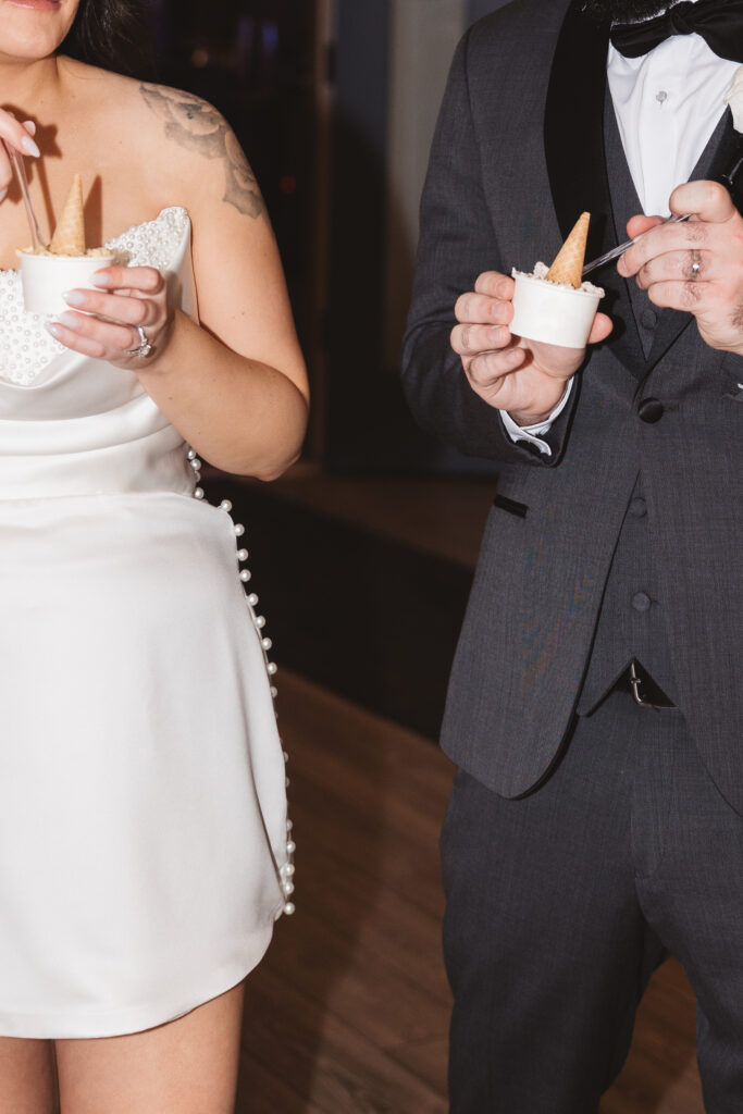 Bride and groom enjoy fresh gelato with cones. Wedding day at Blue Heron Pines Golf Club in Egg Harbor, NJ. Photographed by South Jersey/Philly based wedding photographer Madison Neumann Photography.