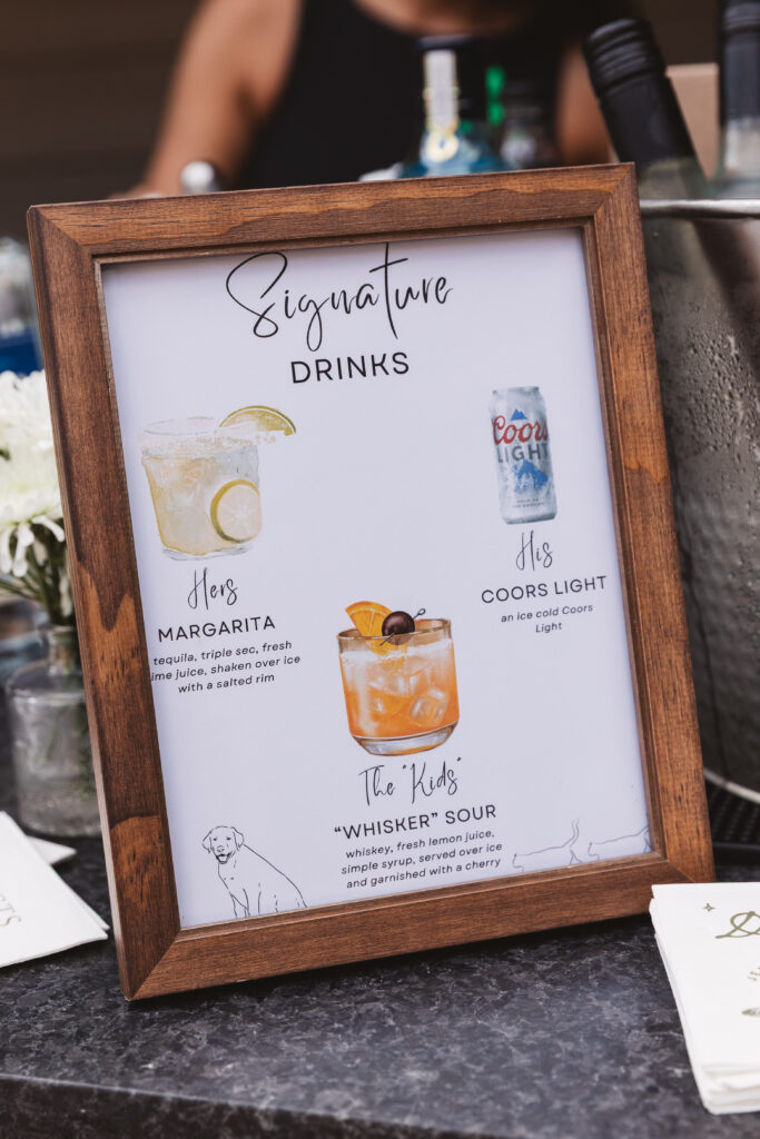 Close up shot of signature drink menu during cocktail hour, photographed by New Jersey and Philadelphia based travel wedding photographer Madison Neumann Photography.