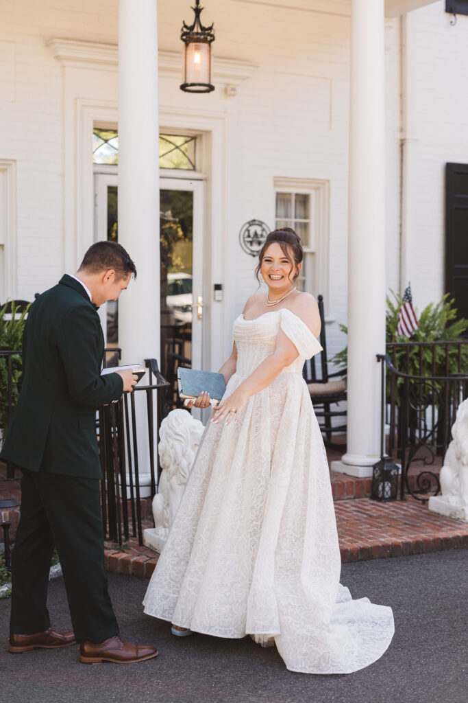 Bride smiling big as she exchanges vows with her husband, photographed by Philadelphia and New Jersey based travel wedding photographer, Madison Neumann Photography.